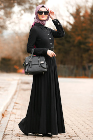 Düğmeli Kemerli Siyah Tesettür Elbise 8396S - Thumbnail