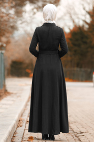 Düğmeli Kemerli Siyah Tesettür Elbise 8409S - Thumbnail