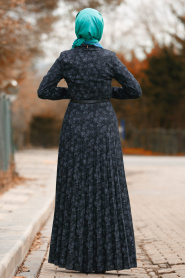 Kemerli Siyah Tesettür Elbise 8445S - Thumbnail