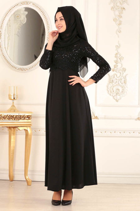 Dantel Detaylı Siyah Tesettür Elbise 12012S