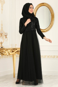 Eteği Tüllü Payet Detaylı Siyah Tesettür Abiye Elbise 12013S - Thumbnail