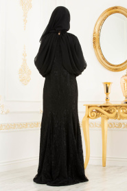 Pul Detaylı Dantelli Siyah Tesettürlü Abiye Elbise 31281S - Thumbnail