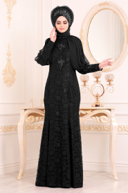 Pul Detaylı Dantelli Siyah Tesettürlü Abiye Elbise 31281S - Thumbnail
