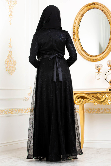 Boncuk Detaylı Siyah Tesettür Abiye Elbise 31470S