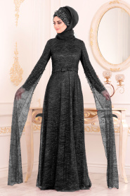 Simli Siyah Renk Tesettür Abiye Elbise 3247S - Thumbnail