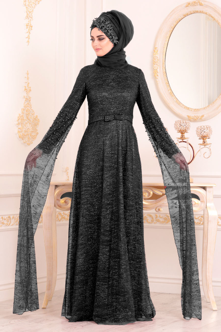 Simli Siyah Renk Tesettür Abiye Elbise 3247S