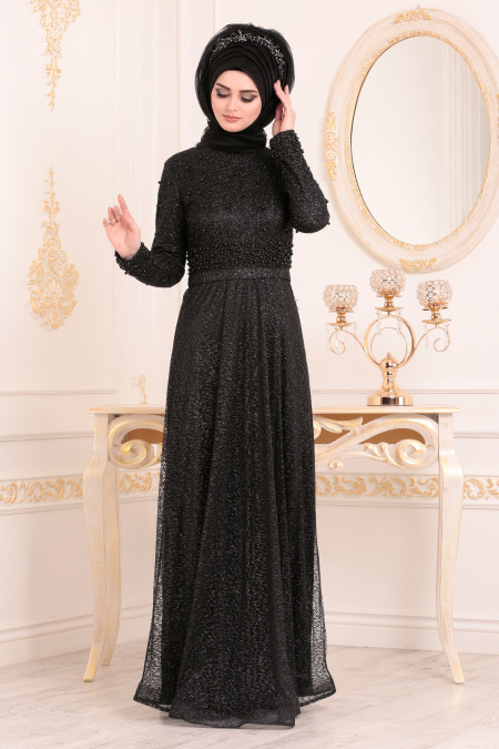 Boncuk Detaylı Siyah Tesettürlü Abiye Elbise 32501S