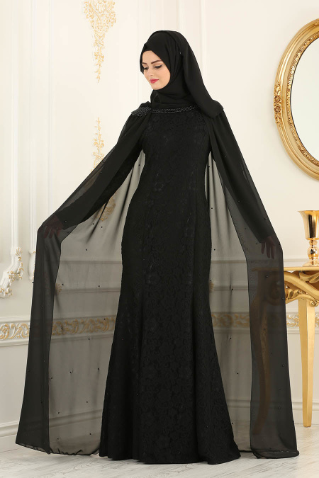 Boncuk Detaylı Pelerinli Siyah Tesettürlü Abiye Elbise 3281S