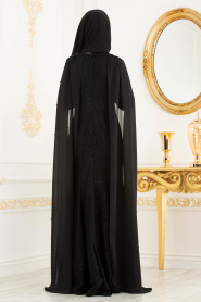Boncuk Detaylı Pelerinli Siyah Tesettürlü Abiye Elbise 3281S - Thumbnail