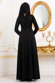 Boncuk Detaylı Siyah Tesettürlü Abiye Elbise 3291S - Thumbnail