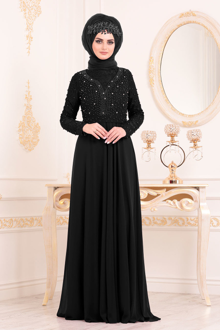 Boncuk Detaylı Siyah Tesettürlü Abiye Elbise 3291S