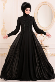 Boncuk Detaylı Siyah Tesettür Abiye Elbise 36901S - Thumbnail