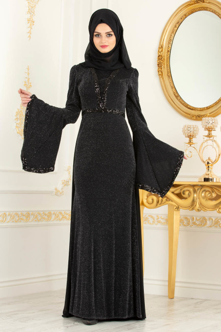 Pul Detaylı Volan Kol Simli Siyah Tesettür Abiye Elbise 3704S