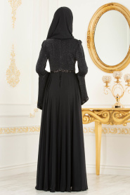 Pul Detaylı Volan Kol Simli Siyah Tesettür Abiye Elbise 3704S - Thumbnail