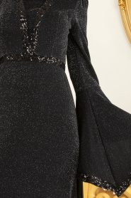 Pul Detaylı Volan Kol Simli Siyah Tesettür Abiye Elbise 3704S - Thumbnail