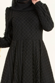 Etnik Desenli Siyah Tesettür Abiye Elbise 3719S - Thumbnail