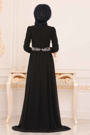 Boncuk Detaylı Siyah Tesettür Abiye Elbise 3721S - Thumbnail