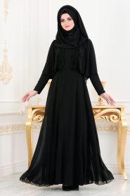 Pul Detaylı Siyah Tesettür Abiye Elbise 3762S - Thumbnail