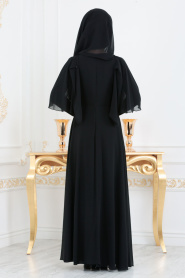 Pul Detaylı Siyah Tesettür Abiye Elbise 3762S - Thumbnail