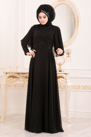Yarasa Kol Siyah Tesettür Abiye Elbise 37870S - Thumbnail