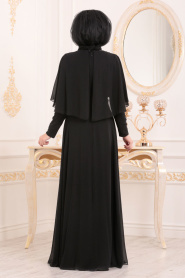 Yarasa Kol Siyah Tesettür Abiye Elbise 37870S - Thumbnail