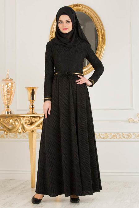 Kemerli Siyah Tesettür Abiye Elbise 40370S - 3