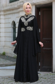 Şifon Detaylı Dantelli Siyah Tesettür Abiye Elbise 7623S - Thumbnail
