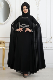 Pelerinli Siyah Tesettür Abiye Elbise 8094S - Thumbnail