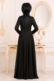 Boncuk Detaylı Siyah Tesettür Abiye Elbise 8129S - Thumbnail