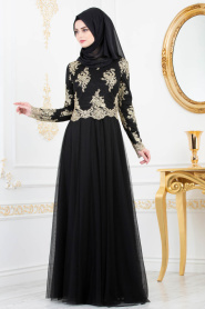 Dantel Detaylı Siyah Tesettürlü Abiye Elbise 8217S - Thumbnail