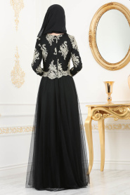 Dantel Detaylı Siyah Tesettürlü Abiye Elbise 8217S - Thumbnail