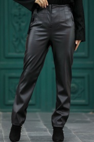 Neva Style - Black Hijab For Women Leather Trouser 10195S - Thumbnail