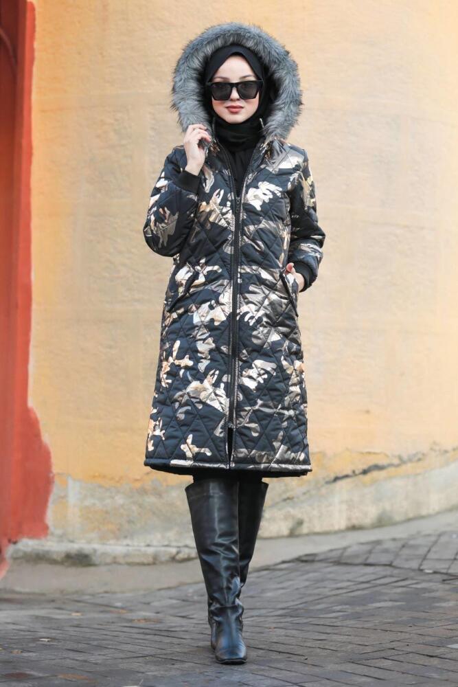 Neva Style - Black Hijab İnflatable Coat 9060S - 4