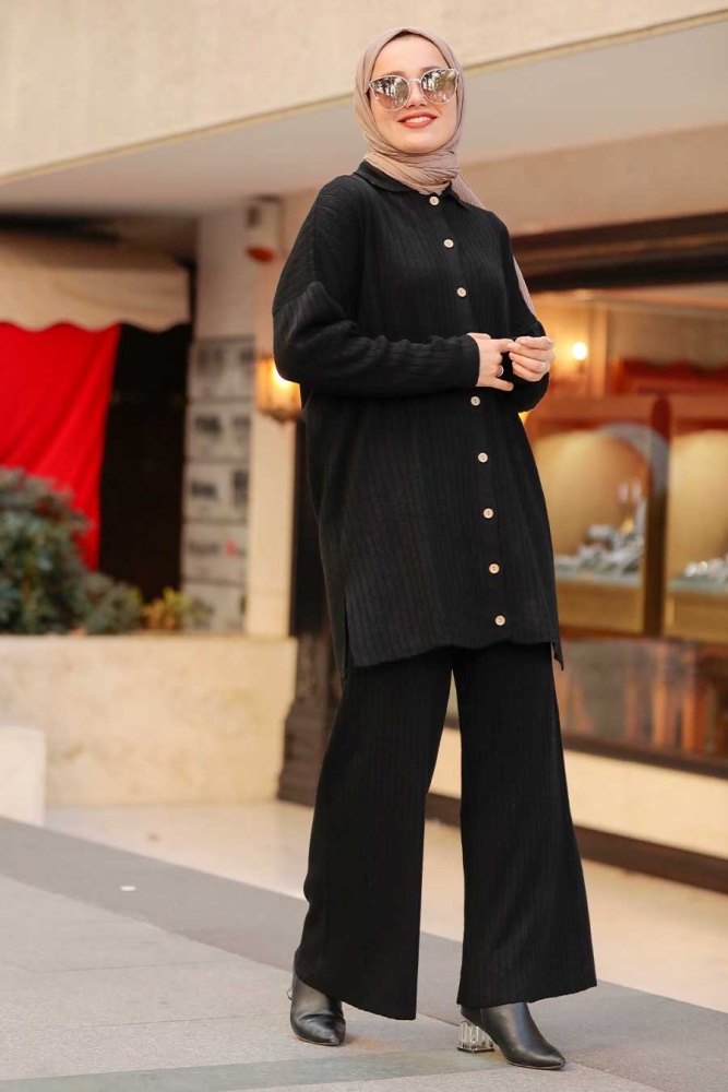 Neva Style - Black Hijab Knitwear Dual Suit 33860S - 3