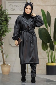 Neva Style - Black Hijab Leather Coat 1640S - Thumbnail