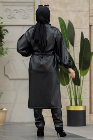 Neva Style - Black Hijab Leather Coat 1640S - Thumbnail