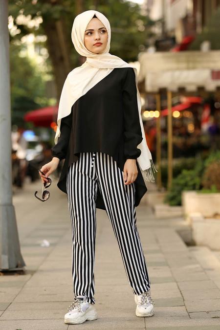 Çizgili Siyah Tesettür Pantolon 20801S - 2