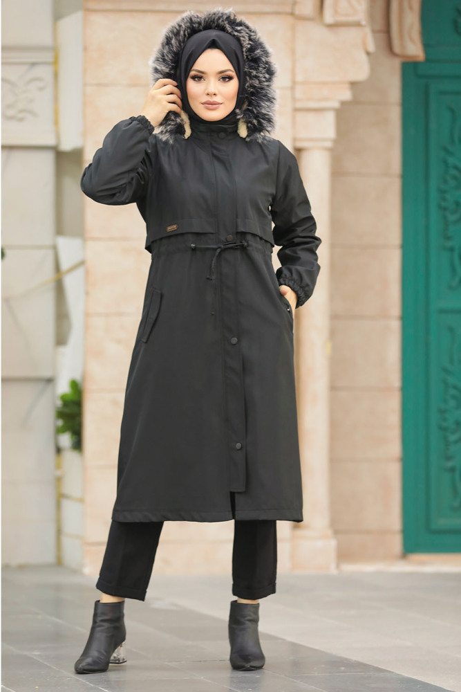 Neva Style - Black Hijab Parka Coat 60651S - 2