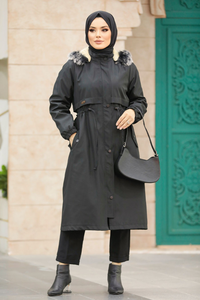 Neva Style - Black Hijab Parka Coat 60651S - 3