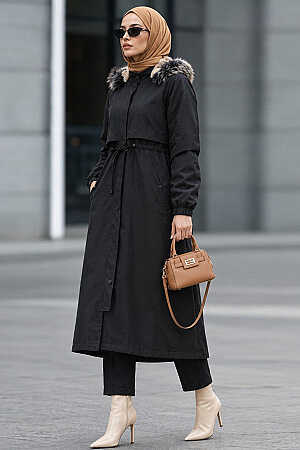 Black Hijab Parka Coat 60651S - 1