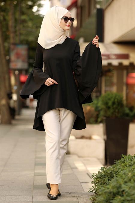 Volan Kollu Siyah Tesettür Tunik 2391S - 1