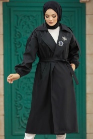 Neva Style - Black Hijab Trench Coat 639S - Thumbnail