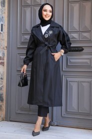 Neva Style - Black Hijab Trench Coat 639S - Thumbnail