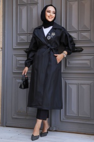 Neva Style - Black Hijab Trench Coat 639S - Thumbnail