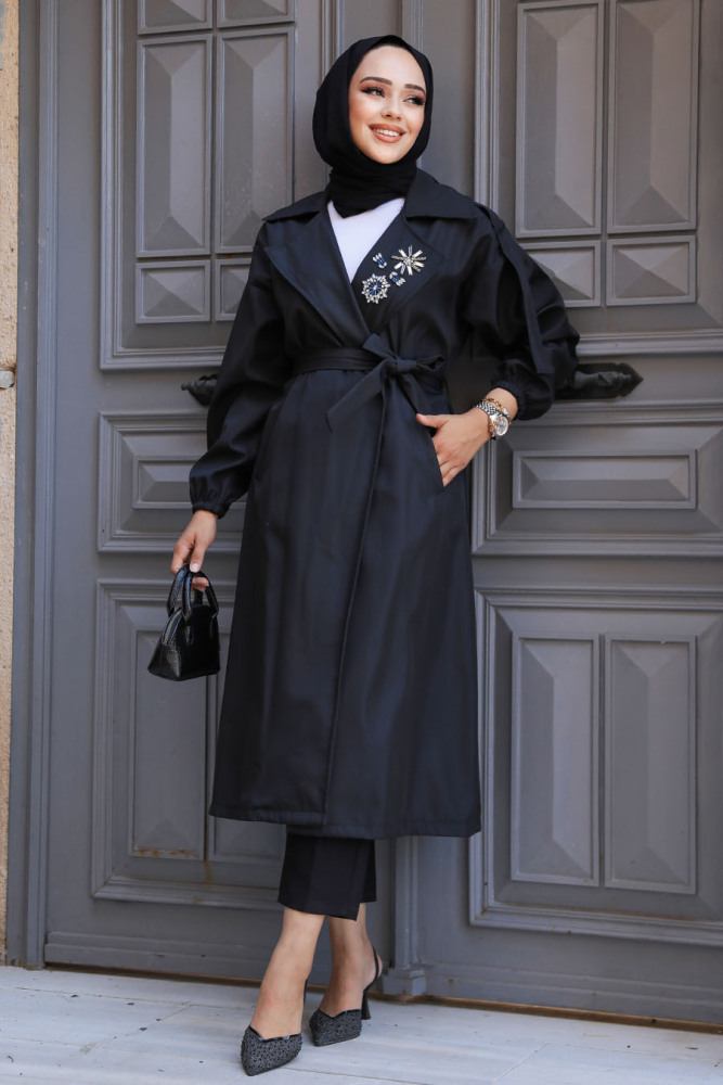 Neva Style - Black Hijab Trench Coat 639S - 2