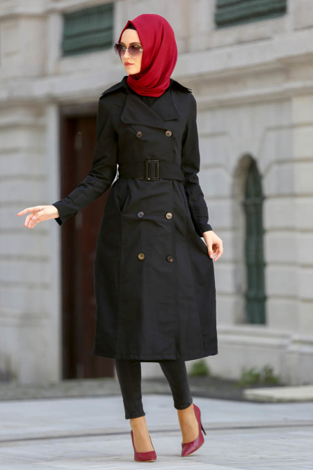 Neva Style - Black Hijab Trenchcoat 2097S