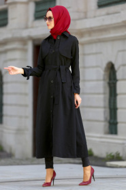 Neva Style - Black Hijab Trenchcoat 21190S - Thumbnail