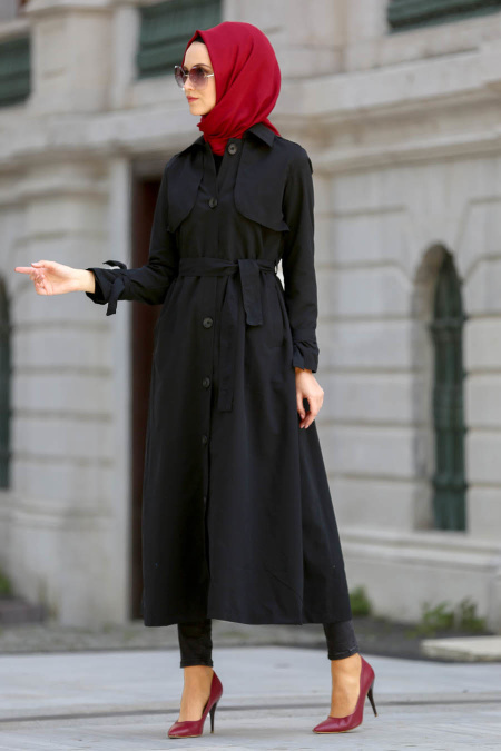 Neva Style - Black Hijab Trenchcoat 21190S