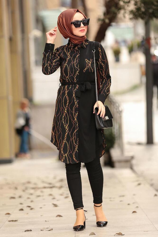 Düğmeli Siyah Tesettür Tunik 35130S - 1