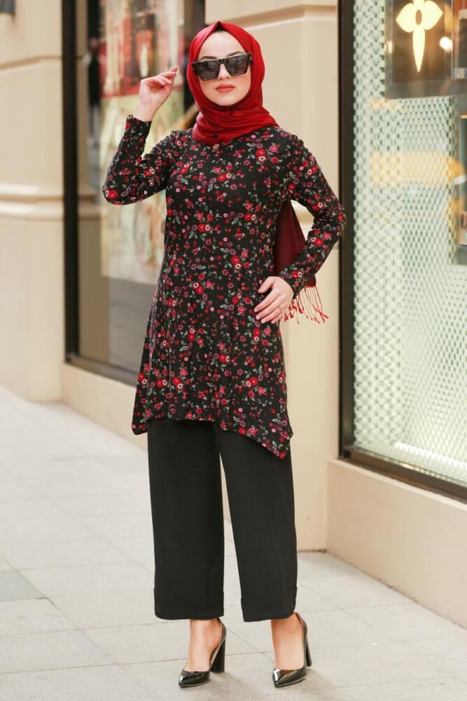 Desenli Siyah Tesettür Tunik 40454S - 1